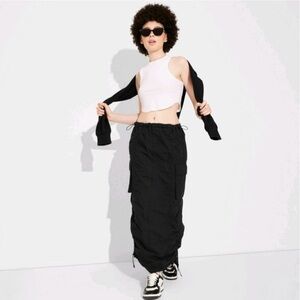 Black Ruched Maxi Skirt with Slit